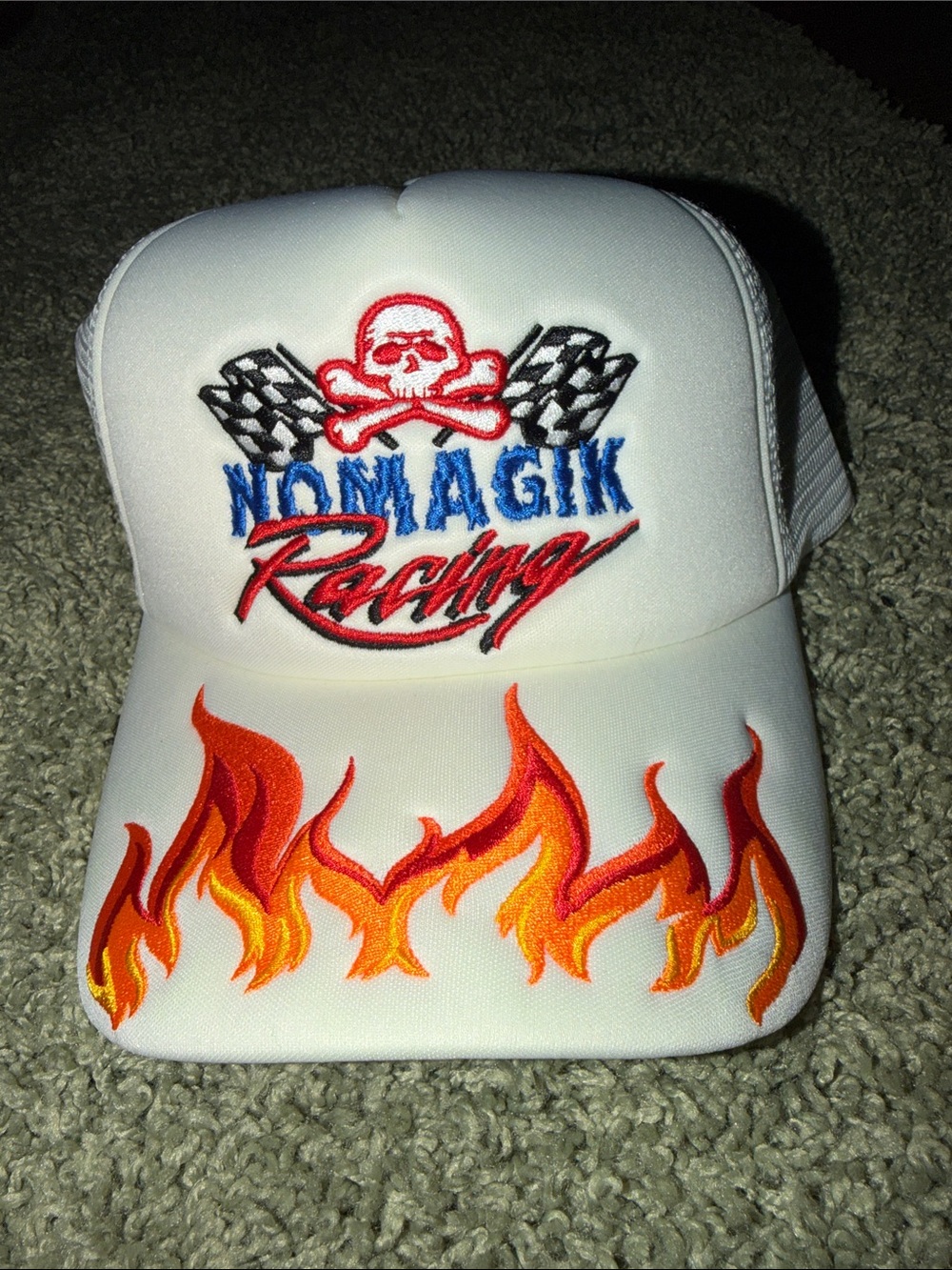 White Racing Embroidered Flame Trucker Hat